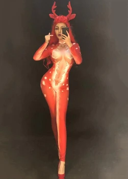Vianočné Štýl (Bez pokrývky hlavy) Ženy Sexy Červené 3D Vytlačené Jumpsuit nočný klub Strany Fáze Nosiť Kostýmy Kombinézu Tanečné Kostýmy
