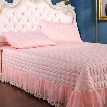 Nové Čipky Princezná Štýl Ružová prehoz cez posteľ + obliečka na Vankúš, Bavlna List Domov Posteľ Pokrytie Farbou Pár Manželskou posteľou King Queen Size 3ks#s