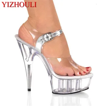Plne transparentný crystal 15 cm vysokým podpätkom platformu pole tanec/performance/star/model topánky, sandále strany