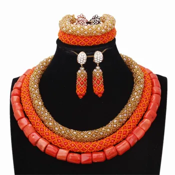 Dudo Svadobné Šperky Set Pre Africkej Nigérii Pôvodné Coral + Crystal Korálkové Choker Set 3 Vrstvy Orange A Zlaté Doplnky