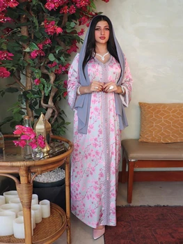 Kaftane Marocain Abayas pre Ženy, turecké Šaty Kvetinový Tlač Jalabiya Hidžáb Oblečenie Moslimských Abaya Dubaj Islam Kaftan Župan Musulman