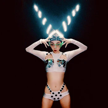 Nočný klub Gogo Tanečnica Oblečenie Fáze Kostým LED Antény Sexy Zrkadlo Bikini Pól Tanec Žena Dj Show Oblečenie Rave Kostým VDB3450