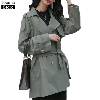 Jar Nové Krátke Windbreaker Ženy Klope Dlhý Rukáv Dvojité Breasted Pás Slim Vintage Coats Plus Veľkosť Bežné Voľne Žijúcich Oblečenie