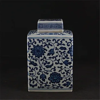 Qing Dynastie Starožitné Modrá a Biela Zamotaný Pobočky Lotus Vzor Námestie Čaj Caddy aj S Vekom