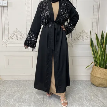Na Blízkom Východe Islamskej Moslimských Žien Maxi Šaty, Otvorte Abayas Flitrami Strapec Luxusné Večer Kaftan Jilbab Ramadánu Dubaj Arabčina Kimono