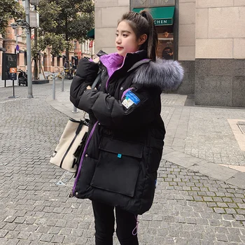 Dole čalúnená bunda ženy 2021 zimné nový štýl kórejský strednej dĺžky kontrastné voľné hrubé čalúnená bunda, kabát ženy