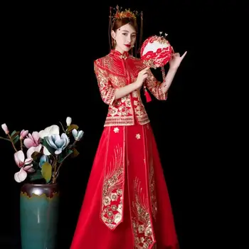 Čínsky Štýl, Nevesta Svadobné Hostiny, Šaty Retro Vyšívanie, Šitie Oka Lem Elegantné Šaty Cheongsam