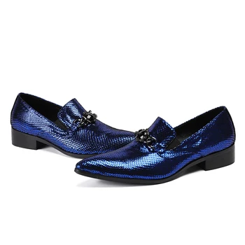 Handemade klasické modré špicatý mokasíny ukázal prst pletená kožené prom topánky sklzu na pánske topánky sapato masculino size47 2018