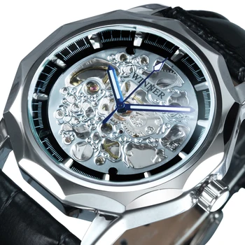 VÍŤAZ Módne Športové Mužov Automatické Mechanické Hodinky Top Značky Luxusný Kožený Remienok Kostra Jedinečný Elegantný Dizajn náramkové hodinky