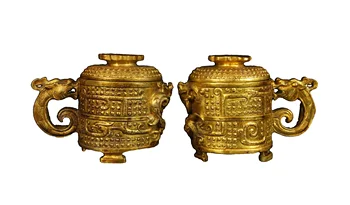LaoJunLu Pár Pozlátené Bronzové Šálky Z Dynastie Tchang, Ručne Vyrobený, Vynikajúce Rezbárske Remeslo, Husté A Prirodzené