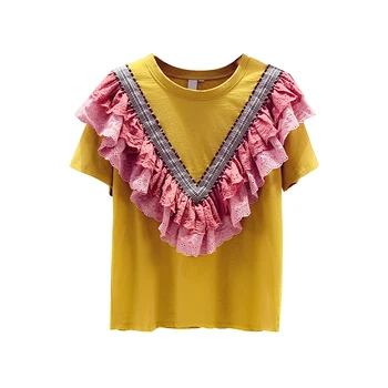 Voľné T-Shirt pre Ženy Čipky Patchwork Rozstrapatené Bavlna Krátke Sleeve Tee 2021 Jar Leto kórejský Štýl Žena Topy Žltá