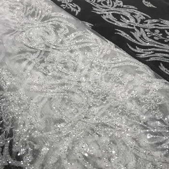 Crystal White Sequin Čipky a Tylu Textílie Lesklé Trblietky Oka Svadobné Svadobné Šaty, Materiál na Šitie Ženy Šaty Textílie Najnovšie