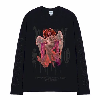 Bavlna dlhým rukávom T-shirt muži ženy demon tlač tmavé high street retro O-krku Punk Streetwear Nadrozmerná Harajuku Gotický Tričko