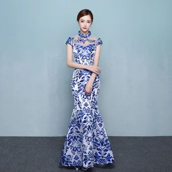 Kvetinové Výšivky Ženy Cheongsam Backless Vintage Elegantné Saténové Qipao Mandarin Golier Trúby Čínsky Večer Party Šaty Šaty