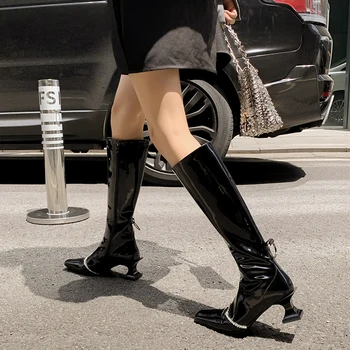 Dámske Čierne Originálne Kožené Vysoké Podpätky Kolená vysoké topánky Ženy Jeseň Zima Moderné Dlhé Topánky Topánky Botas De Invierno Para Mujer