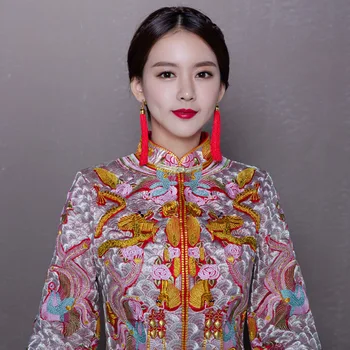 Nové Orientálna Čínska Tradičné Svadobné Šaty Žien Phoenix Výšivky Cheongsam Červeného Hodvábu Qipao Nevesta Tradície Župan Chinoise