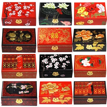 2 vrstvy Lacquerware Čínsky Dekoratívne Drevené Vintage skladovací Box so Zámkom, Vytiahnite Šperky Set Box Svadobný Dar Kozmetické box