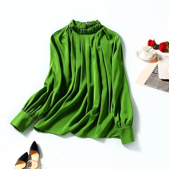 Európske a Americké dámske oblečenie na jar roku 2022 nové Dlhý rukáv, golier Zelená skladaný Módne tričko hodváb