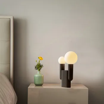 Postmoderných Jednoduché Živice Black Obývacia Izba Dvojité Hlavu Tabuľka Žiarovka LED, E27, Osvetlenie, Biele Matné Sklo Loptu Spálňa Umenie Stolná Lampa