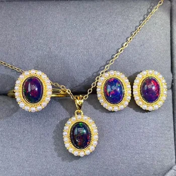 NOVÉ Módne Opal Set Prírodné Opálové šperky set Prirodzený A Skutočný Opal 925 sterling silver 1pc prívesok,1pc prsteň,Náušnice 2ks
