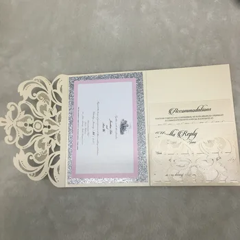 Elegantný vreckový laserom rezané čipky svadobné pozvánka dizajn, tlačové služby lesk papiera pozadí s horúce lisovanie mená