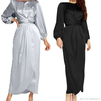 Ženy Arabských Moslimských Satin Lístkového Dlhý Rukáv Maxi Šaty Pevné Zábal Predné Self-Tie Abaya Dubaj Turecko Hidžáb Oblečenie Wholesales