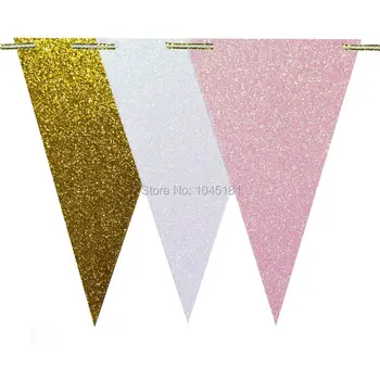 Vintage Štýl, Papierové Vlajky Bunting Banner na Jar Svadba Narodeniny Dieťa Sprcha Škôlky Domova, Lesk Zlata+Biela+Ružová