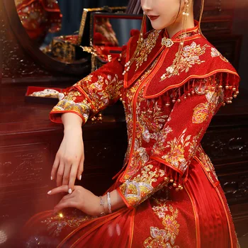 Orientálna Lady Handwork Korálkové Qipao Tradičné Čínske Svadobné Šaty Vestidos Vintage Ázijské Nevestu Manželstva Cheongsam