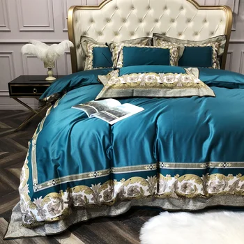 Modrá Nové luxusné Digitálna Tlač 100S Egyptskej bavlny Royal posteľná bielizeň sady Kráľovná Kráľ Perinu Posteľ list nastaviť obliečky na Vankúše 4pcs