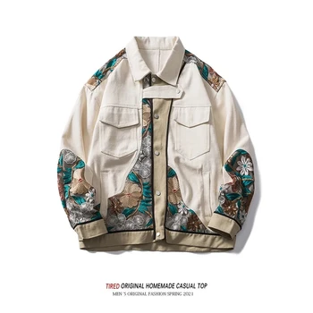 Pekné Jarné Nové Príležitostné Bunda Voľné Farba-Blok Vyšívané Denim Jacket Japonský Retro Klope Trendy pánske Top