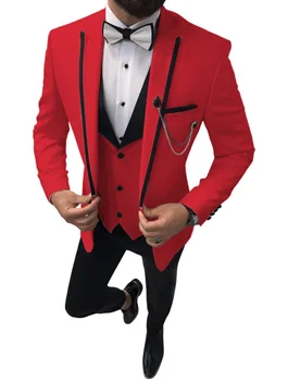 2021 Najnovšie Kabát Nohavice Vzory Formálne Muži Obleky, Svadobné Červený Vrchol Klope Ženícha Smoking Najlepší Muž Sako 3 Dielny Kostým Homme