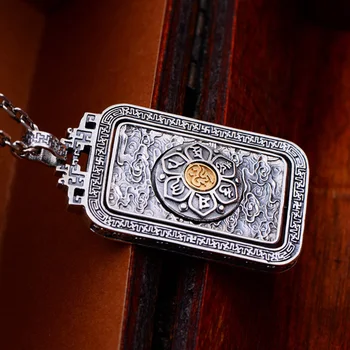 Skutočné 925 Sterling Silver Talizman Prívesok Otočná Mužov Thai Striebro Mantra Budhizmus Šperky Šesť Slová Vyryté Razenie Štítkov