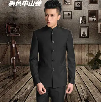 Etapa oblečenie pre mužov, čínsky tunika vyhovovali módne čierno šedej farby nastavené pomocou nohavice pánske svadobné obleky formálne šaty stoja golier