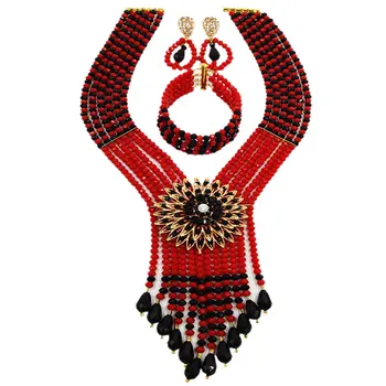 Čierny Matný Červený Afriky Korálky Šperky Set Crystal Korálkové Nigérijský Náhrdelník Svadobné Party Sady Šperkov 6SDLS01