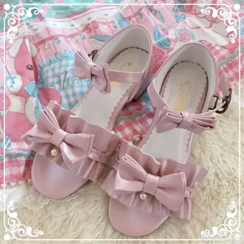 Letné princezná sladké lolita topánky roztomilý študent denného bowknot kožené topánky kolo hlavy ploché päty topánky žien cosplay loli