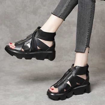 Platforma Sandále Ženy Letné Topánky 2021 Originálne Kožené Dámske Retro, Cool, Topánky Bežné Kliny Cowhide Sandále Čierne Biele