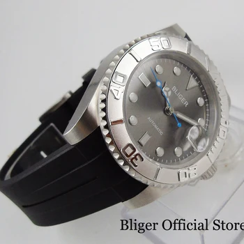 BLIGER Jednoduché Sivá Automatické Mužov Náramkové hodinky gumička MIYOTA 8215 Pohyb rotačný Panel