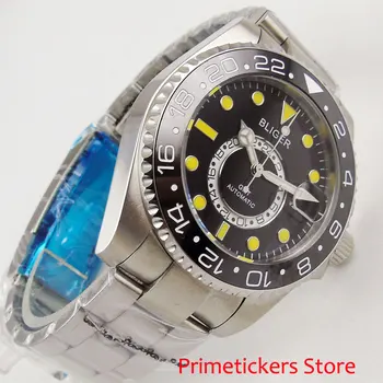 BLIGER GMT dátum zafírové sklo 43mm žlté značky black dial dátum automatický pohyb pánske hodinky