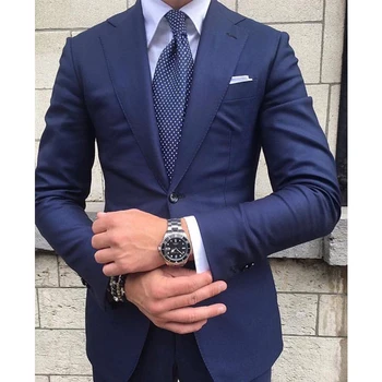 Navy Blue Business Muži Obleky Slim Fit Formálne Ženícha Smoking pre Svadbu 2 Kus Vlastné Bunda s Mužské Nohavice Módne Kostýmy