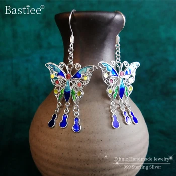Bastiee 999 Sterling Silver Blue Butterfly Náušnice Pre Ženy Drop Earing Cloisonne Smalt Šperky Vyrábané Ručne Hot Predaja Výrobkov