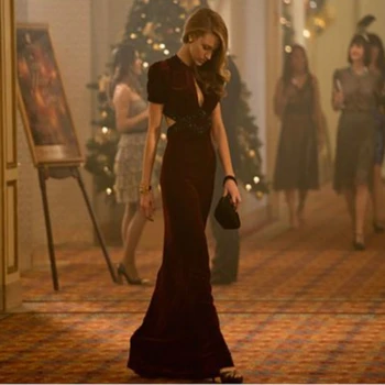 Červený Koberec, Celebrity Šaty 2020 Burgundsko Dlho Backless Velvet Večerné Šaty s Krátkymi Rukávmi Prom Party Šaty