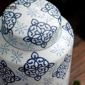 Nová Čínska Maľované Skladovanie Nádob s Vekom Tvorivé Hranolové Geometrie Modré a Biele Porcelánové Kvety, Vázy Ozdoby Domova