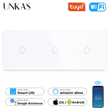 UNKAS 3 Gang WiFi Dotyk On / Off Smart Light Switch 228mm White Black Crystal Triedy Panel Zásuvky Domáce Práce Tuya Alexa alebo Google