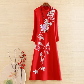 Čínsky Štýl, Ženy Qipao Šaty Jeseň Royal Výšivky Pivónia Vingtage Elegantná Dáma Luxusné Plus Veľkosť Cheongsam Šaty M-4XL