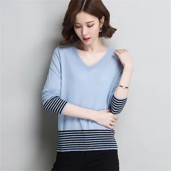 Vlna zrastov ženy móda prekladané Vneck krátke tenký pulóver sveter čiernej na bielu 3color M-L